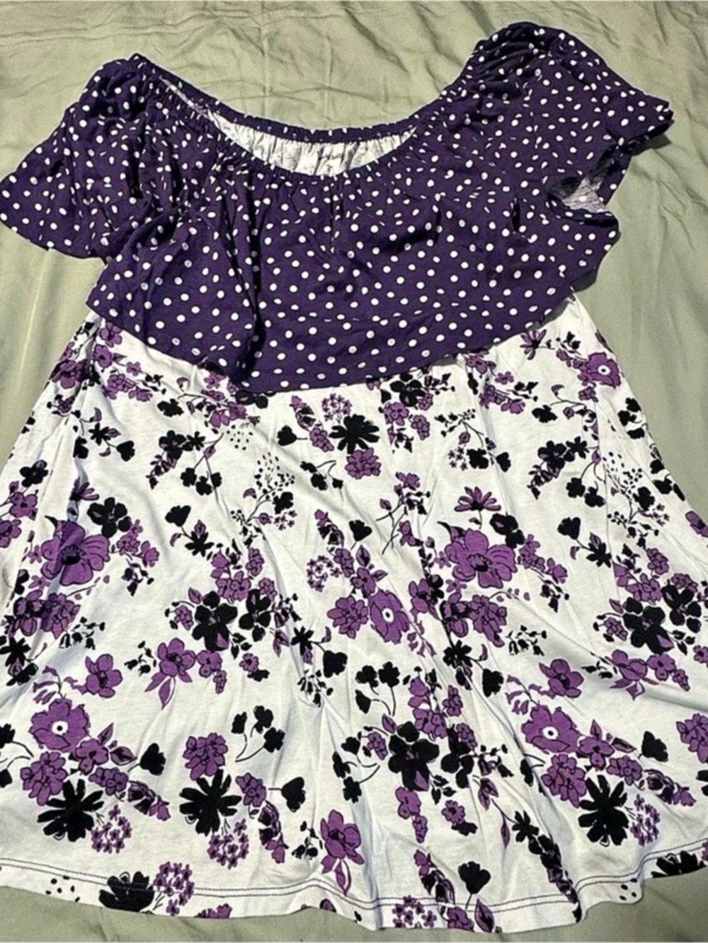 Woman Within 1X 22/24 Purple Floral Polka Dot Off Shoulder Ruffle Blouse NWOT